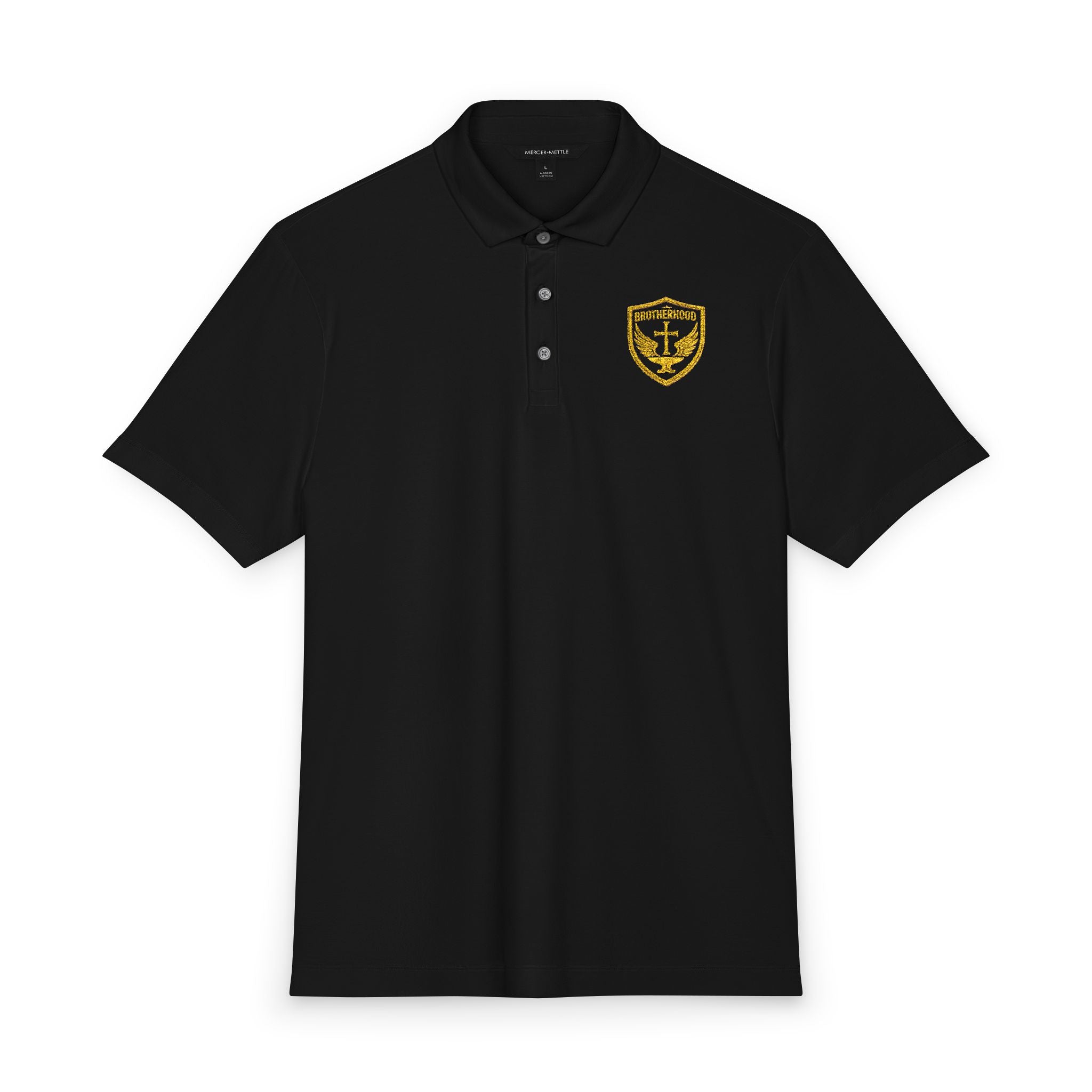 Men's White Polo Shirt with Gold Crest Embroidered Chest — Mercer+Mettle Stretch Jersey