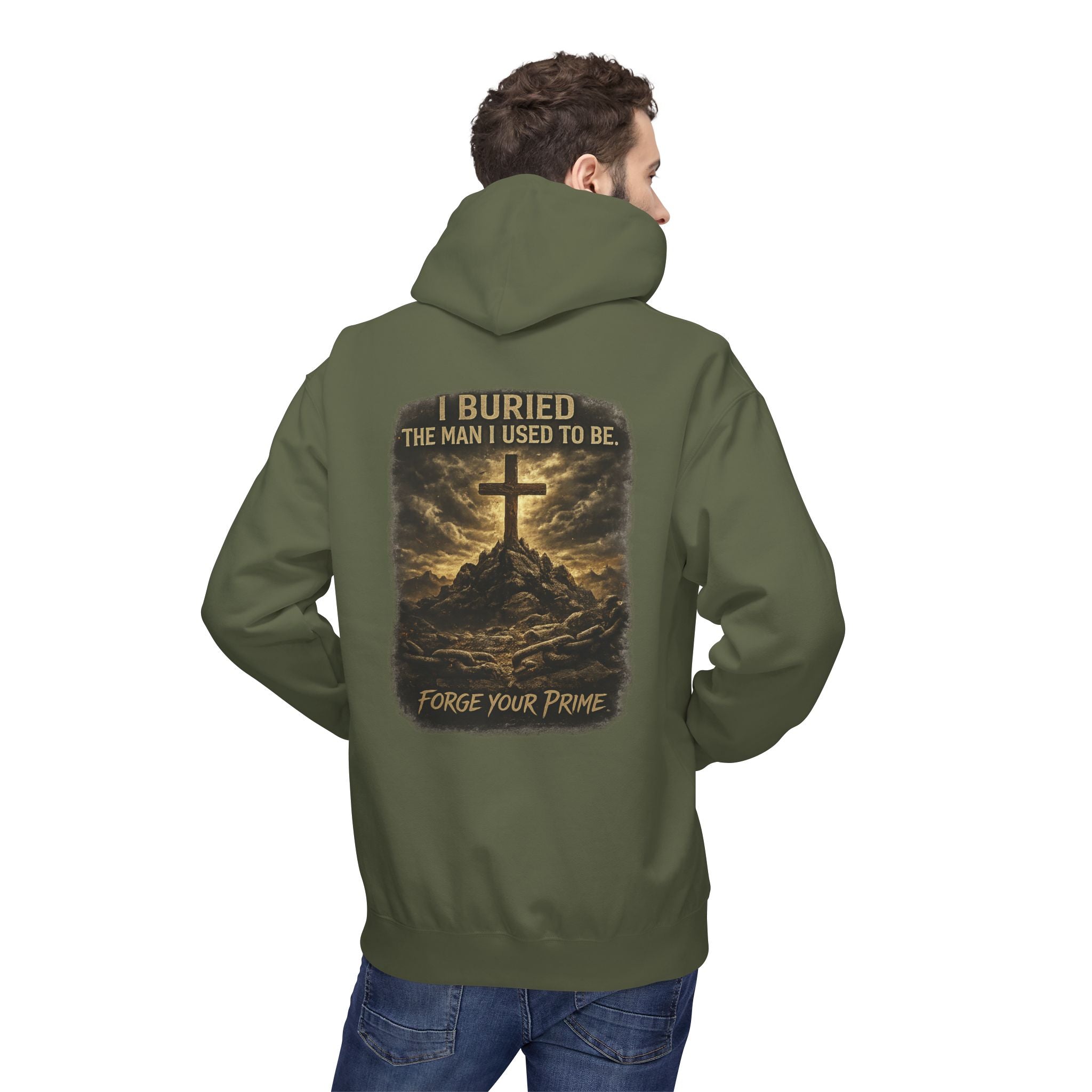 Christian Cross Hoodie — "I Became The Man I Used To Be" Faith Graphic Pullover