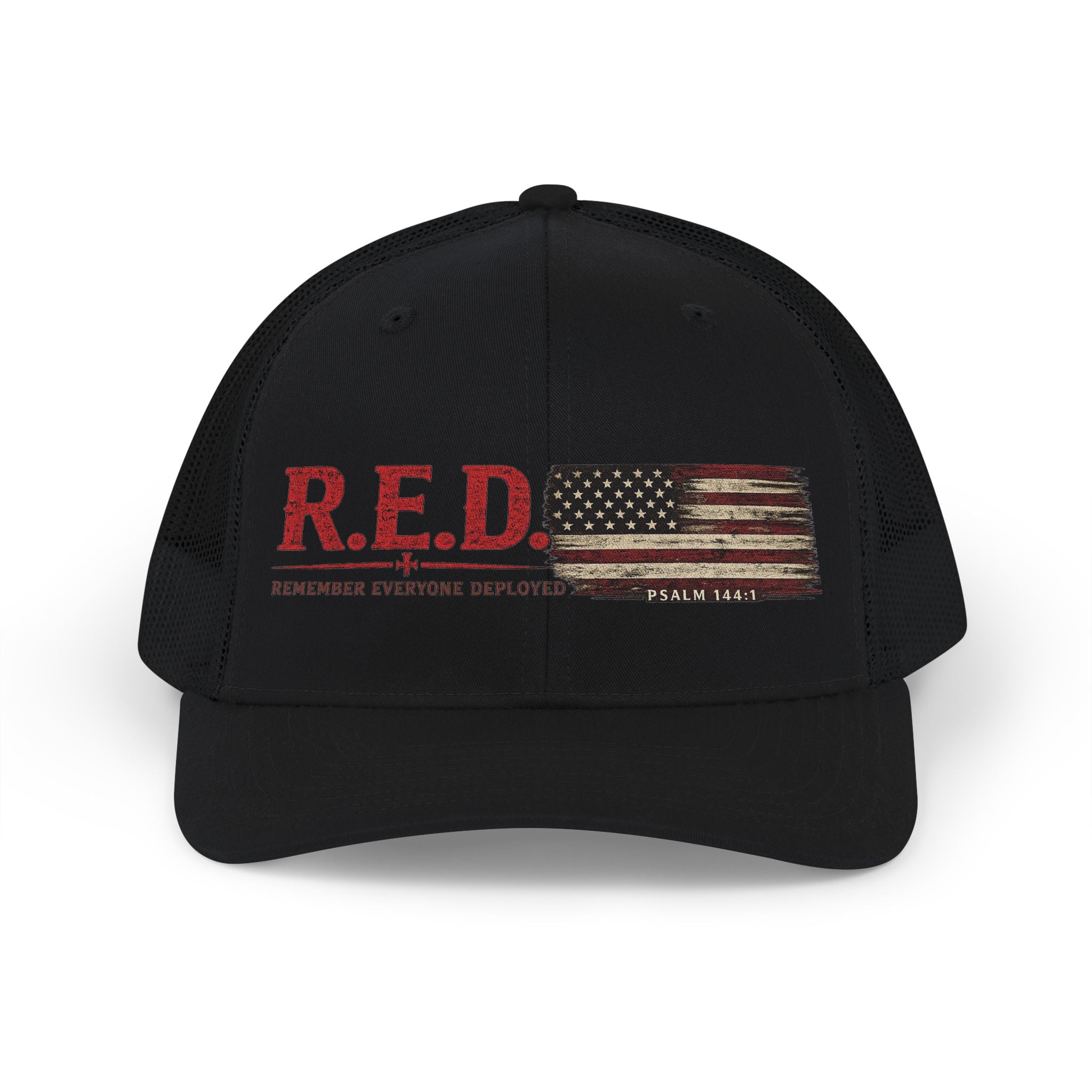 R.E.D. Trucker Hat – "Remember Everyone Deployed" Distressed American Flag Snapback