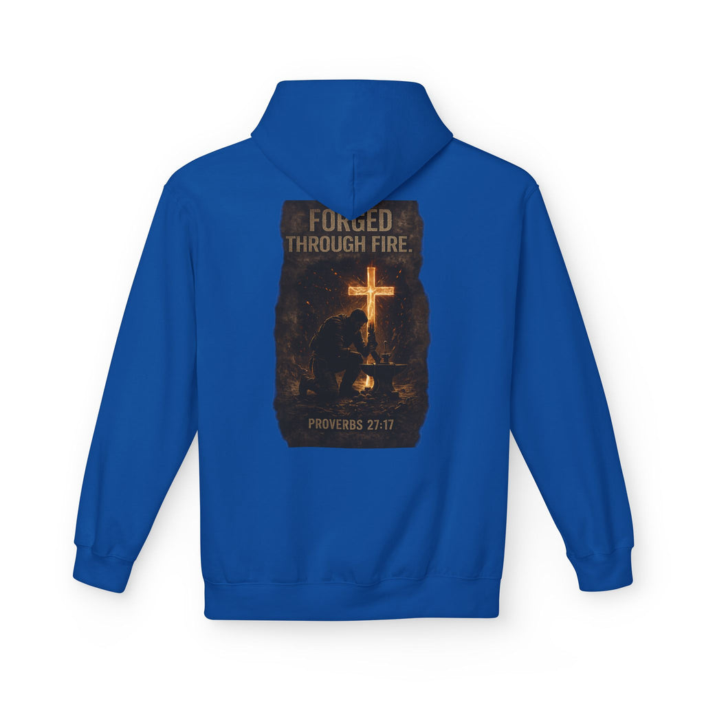 Hoodie — "Forged Through Fire" Cross Graphic Christian Hoodie (Proverbs 27:17)
