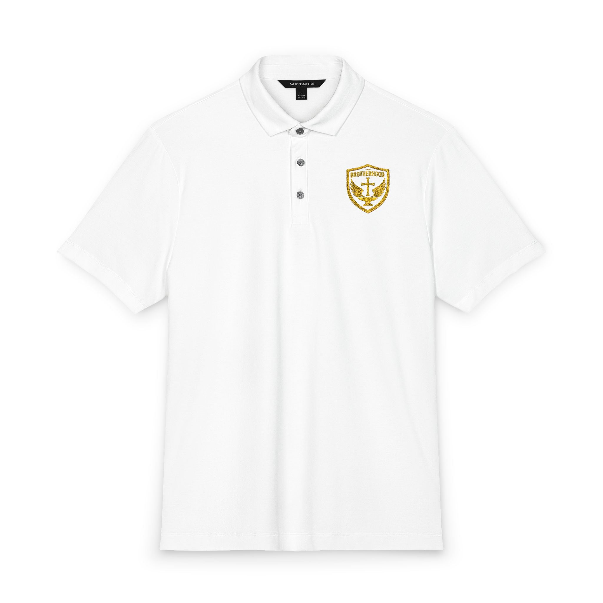Men's White Polo Shirt with Gold Crest Embroidered Chest — Mercer+Mettle Stretch Jersey