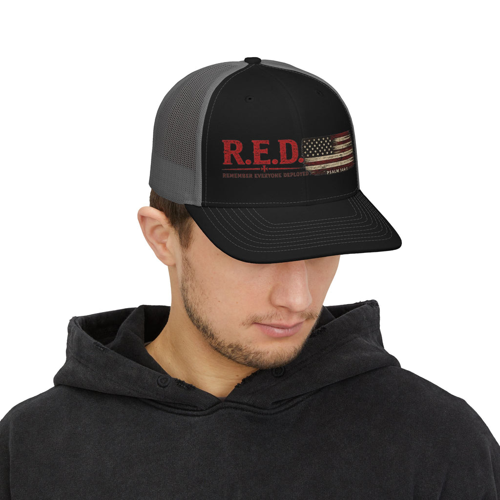 R.E.D. Trucker Hat – "Remember Everyone Deployed" Distressed American Flag Snapback
