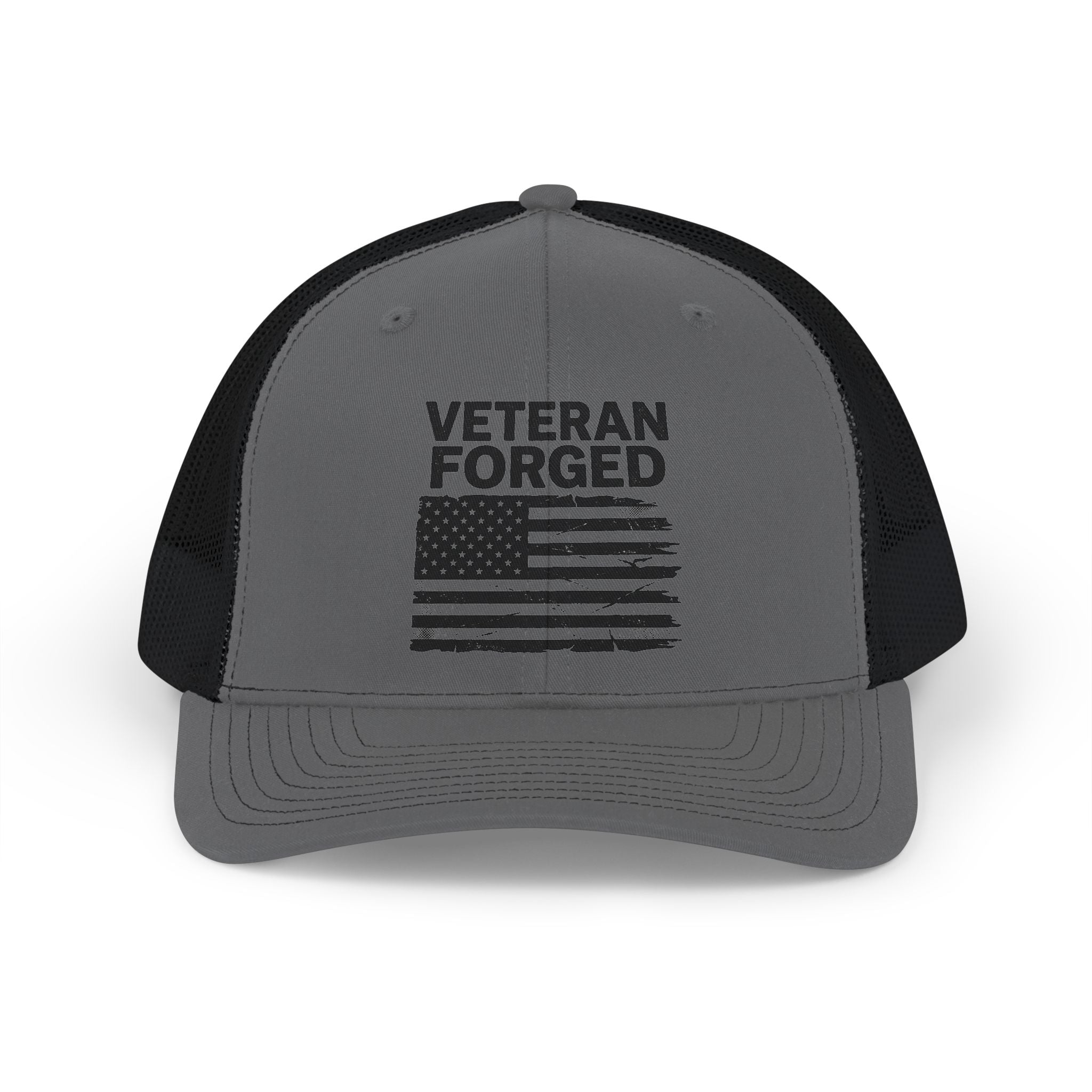 Veteran Forged Trucker Cap — Patriotic American Flag Snapback for Veterans & Military Support
