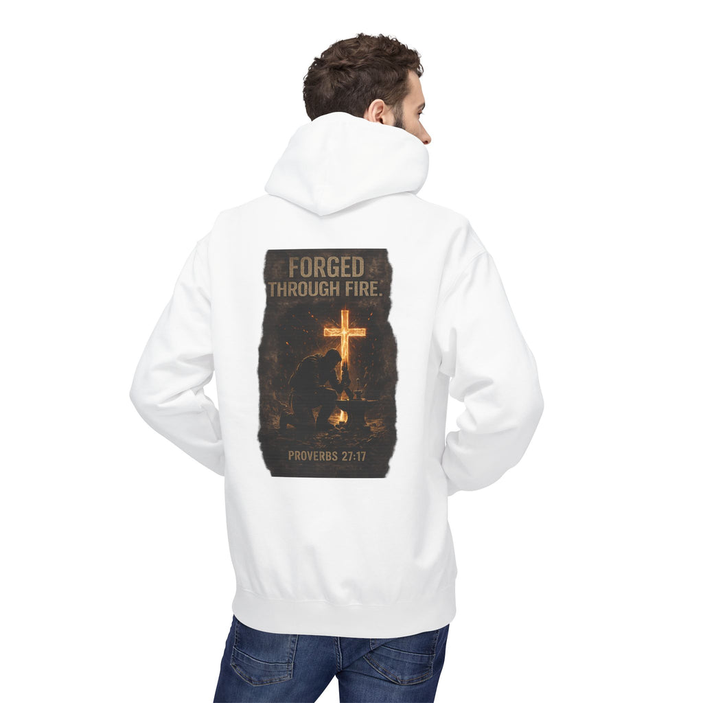 Hoodie — "Forged Through Fire" Cross Graphic Christian Hoodie (Proverbs 27:17)