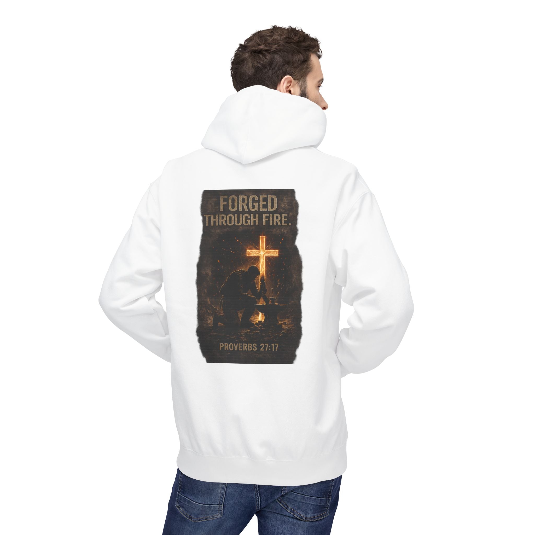 Hoodie — "Forged Through Fire" Cross Graphic Christian Hoodie (Proverbs 27:17)