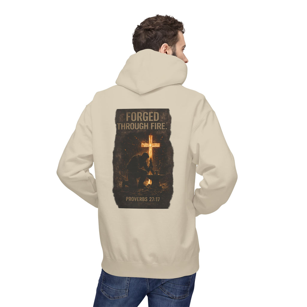 Hoodie — "Forged Through Fire" Cross Graphic Christian Hoodie (Proverbs 27:17)