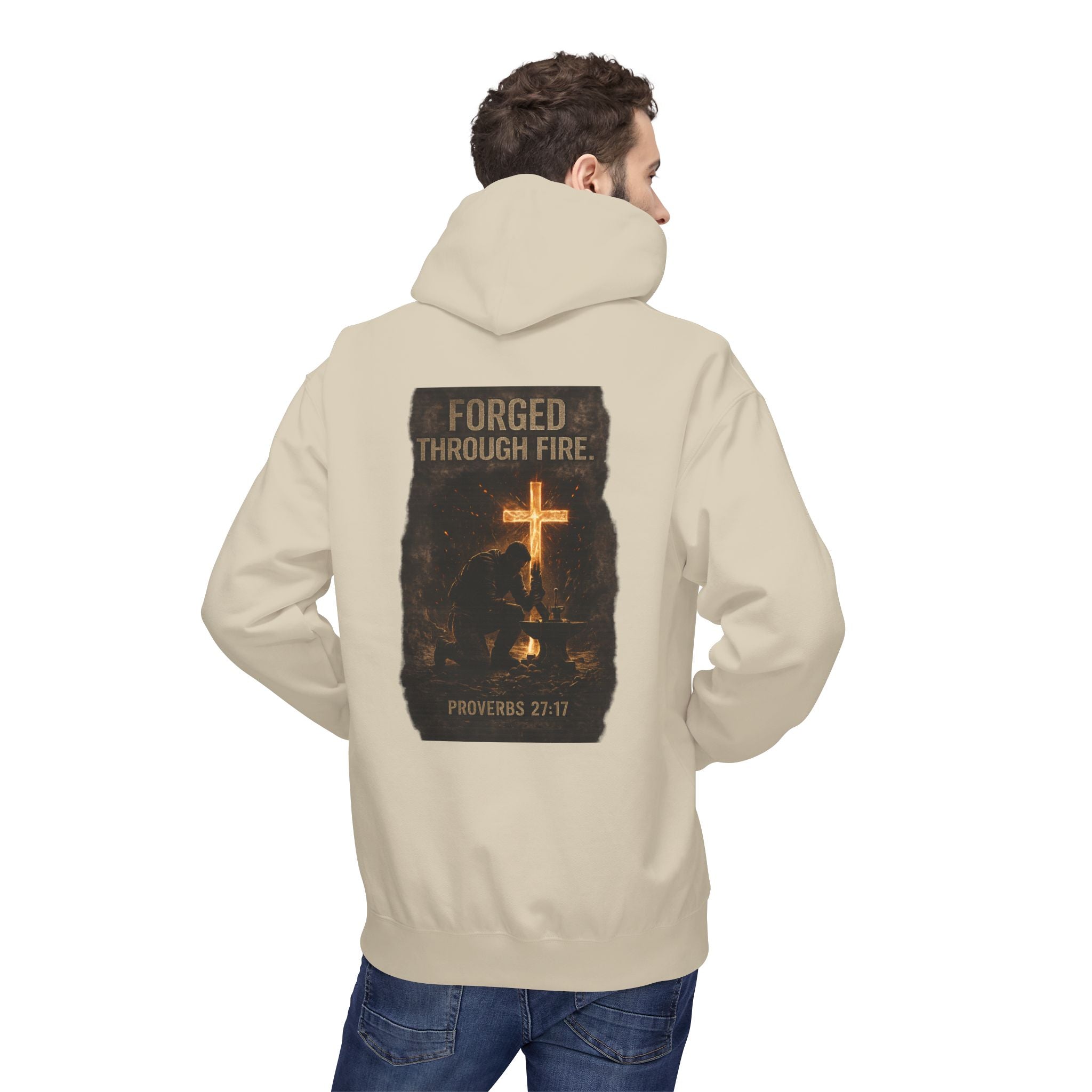 Hoodie — "Forged Through Fire" Cross Graphic Christian Hoodie (Proverbs 27:17)
