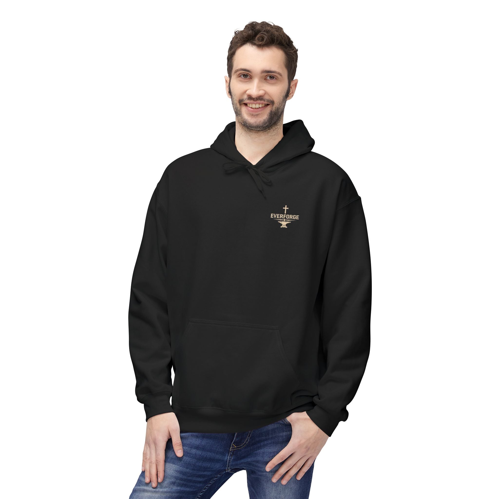 Hoodie — "Forged Through Fire" Cross Graphic Christian Hoodie (Proverbs 27:17)