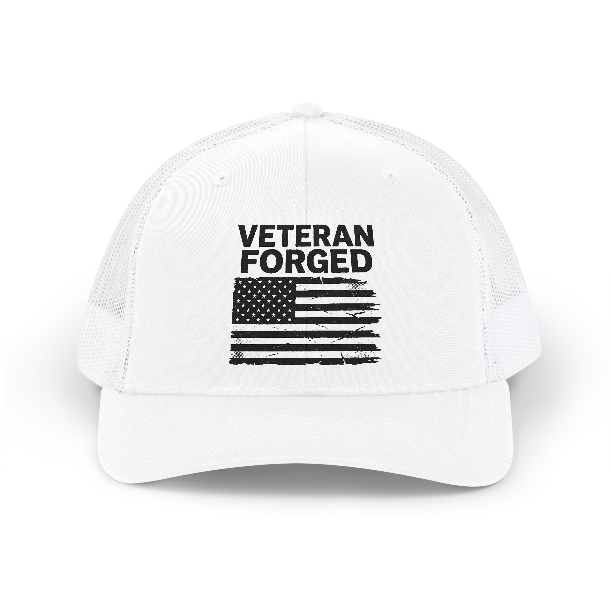 Veteran Forged Trucker Cap — Patriotic American Flag Snapback for Veterans & Military Support