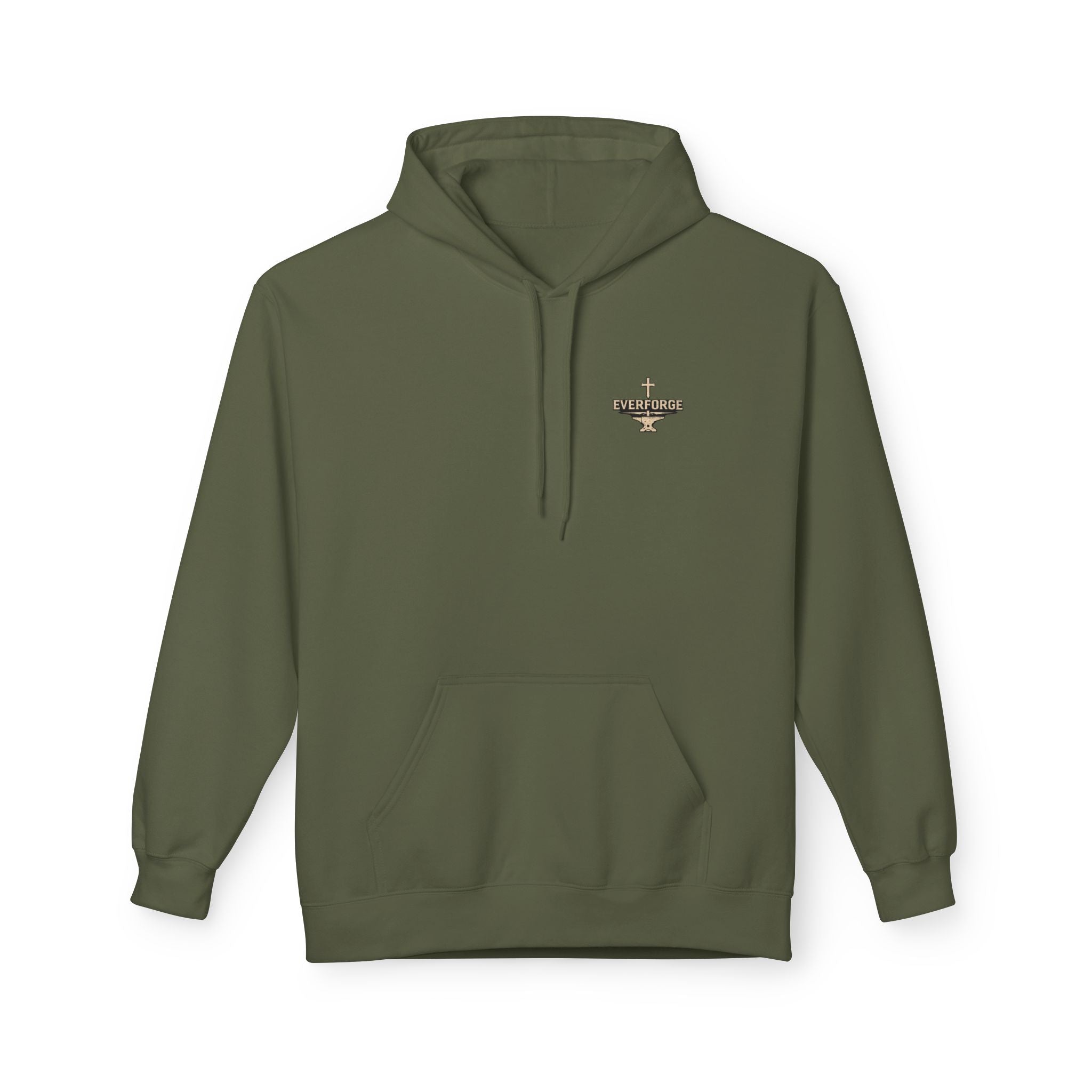 Hoodie — "Forged Through Fire" Cross Graphic Christian Hoodie (Proverbs 27:17)