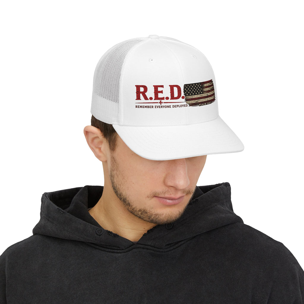R.E.D. Trucker Hat – "Remember Everyone Deployed" Distressed American Flag Snapback