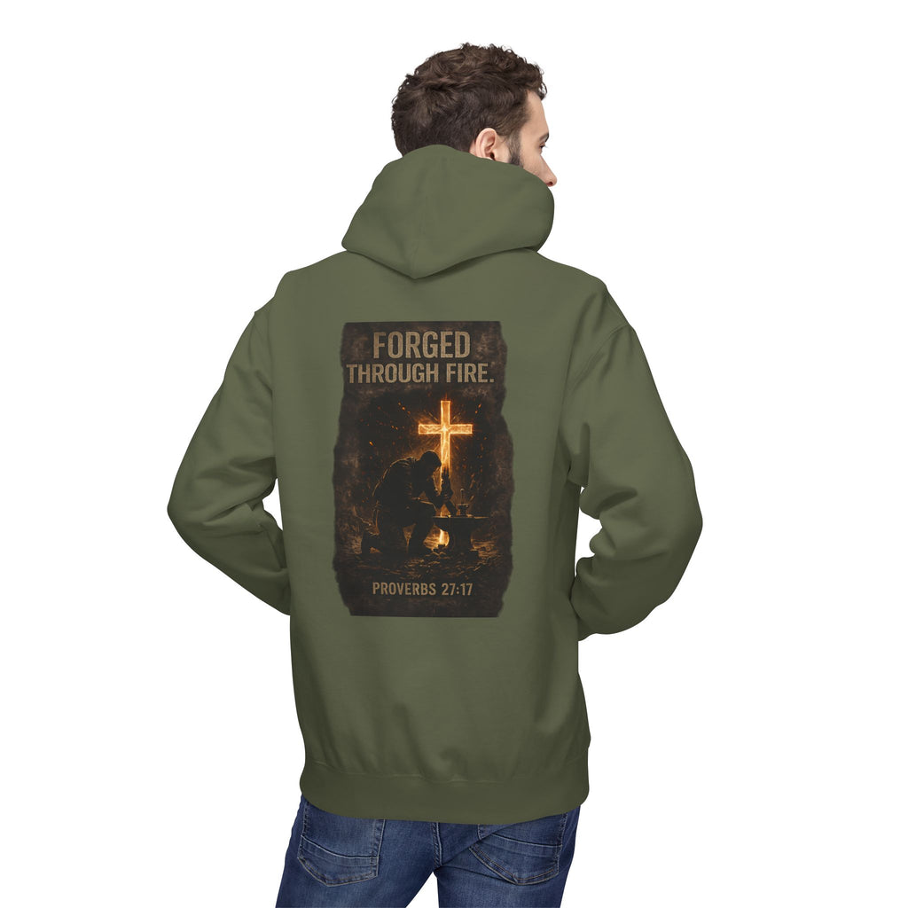 Hoodie — "Forged Through Fire" Cross Graphic Christian Hoodie (Proverbs 27:17)