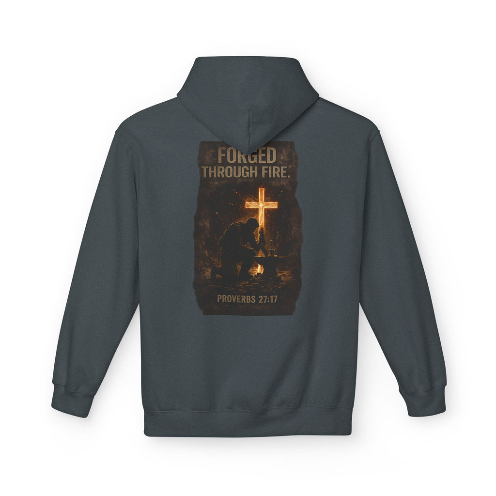 Hoodie — "Forged Through Fire" Cross Graphic Christian Hoodie (Proverbs 27:17)