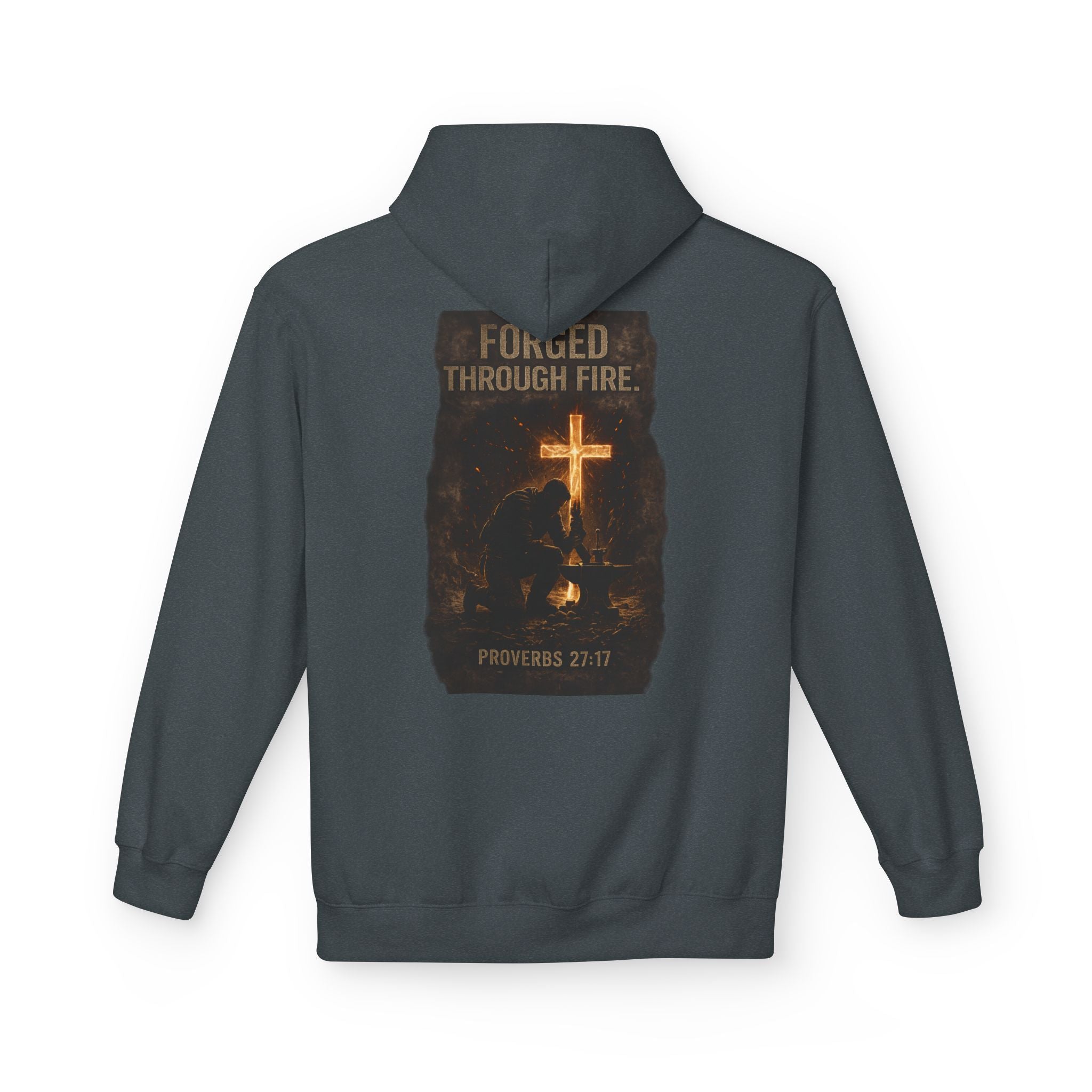 Hoodie — "Forged Through Fire" Cross Graphic Christian Hoodie (Proverbs 27:17)