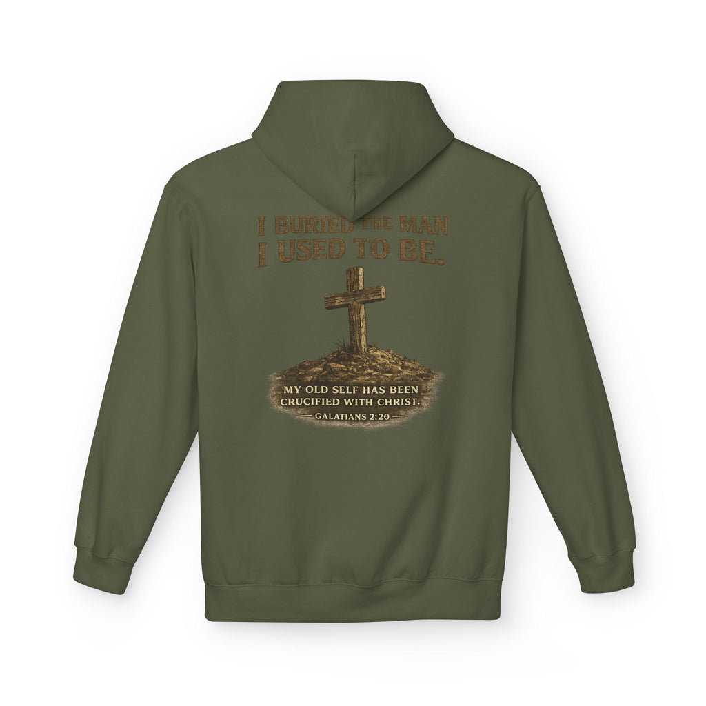 Christian Cross Hoodie — "I Buried The Man I Used To Be" Faith Graphic Pullover