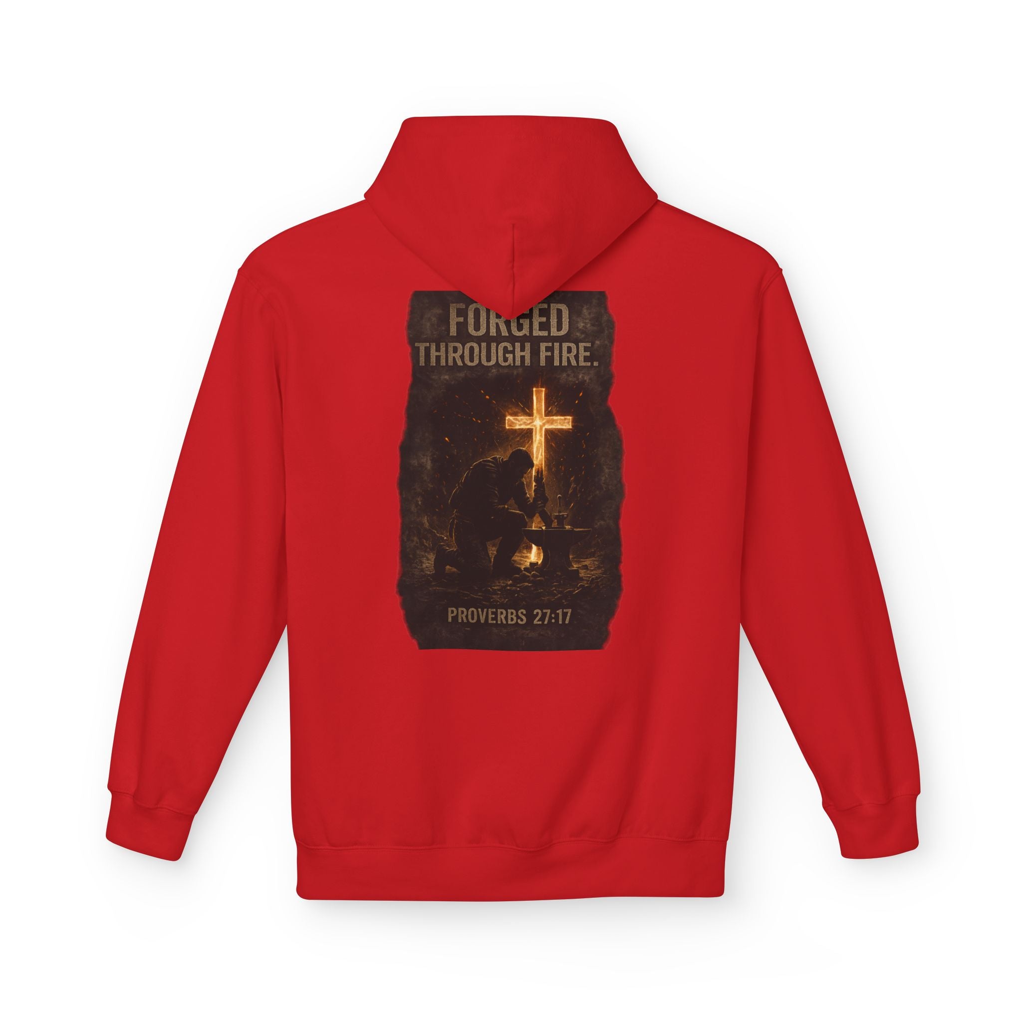 Hoodie — "Forged Through Fire" Cross Graphic Christian Hoodie (Proverbs 27:17)