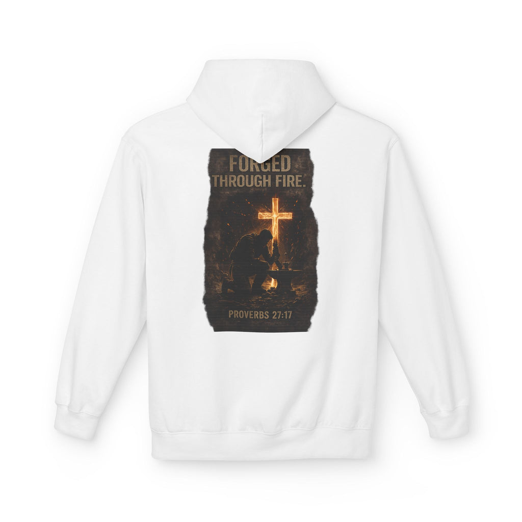 Hoodie — "Forged Through Fire" Cross Graphic Christian Hoodie (Proverbs 27:17)