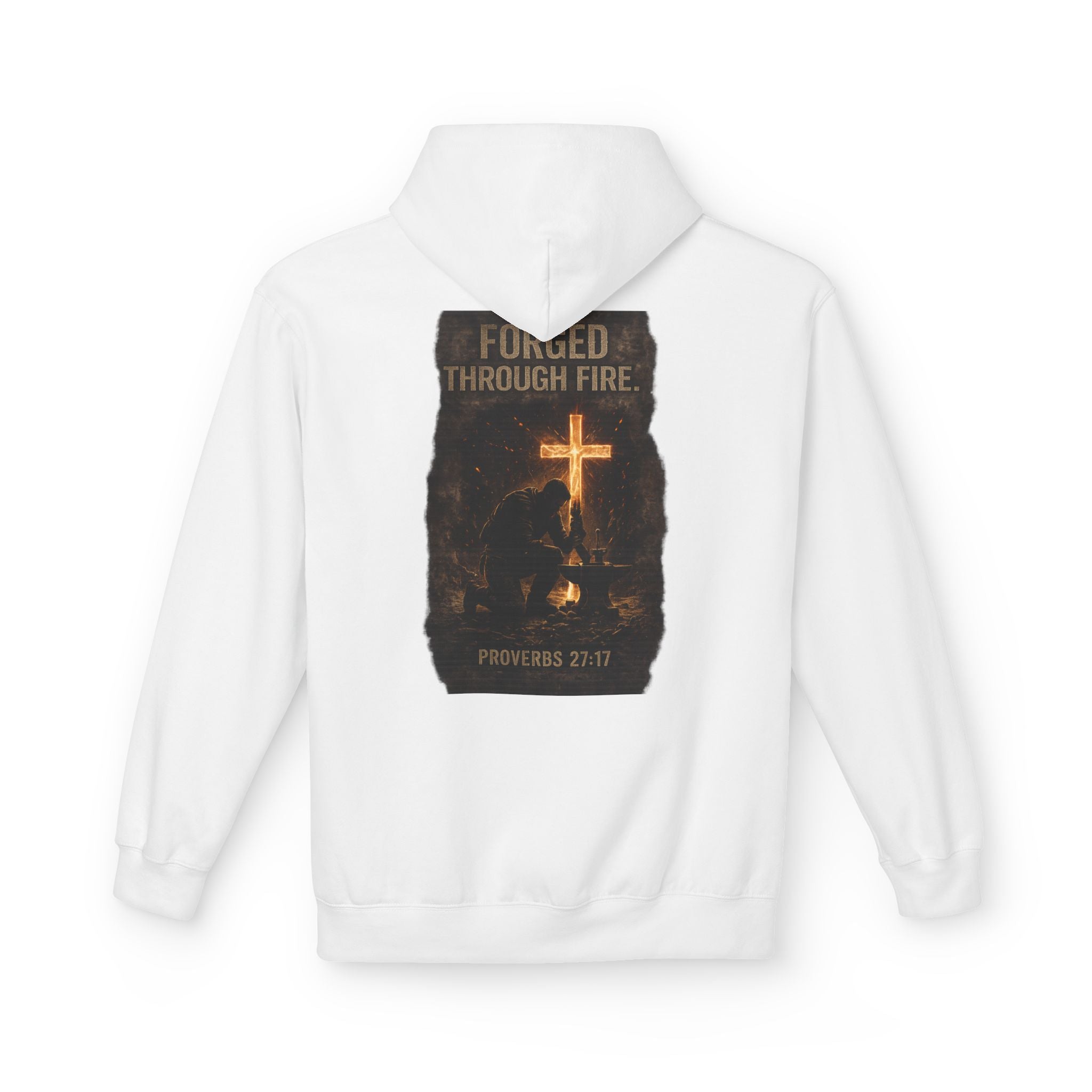Hoodie — "Forged Through Fire" Cross Graphic Christian Hoodie (Proverbs 27:17)