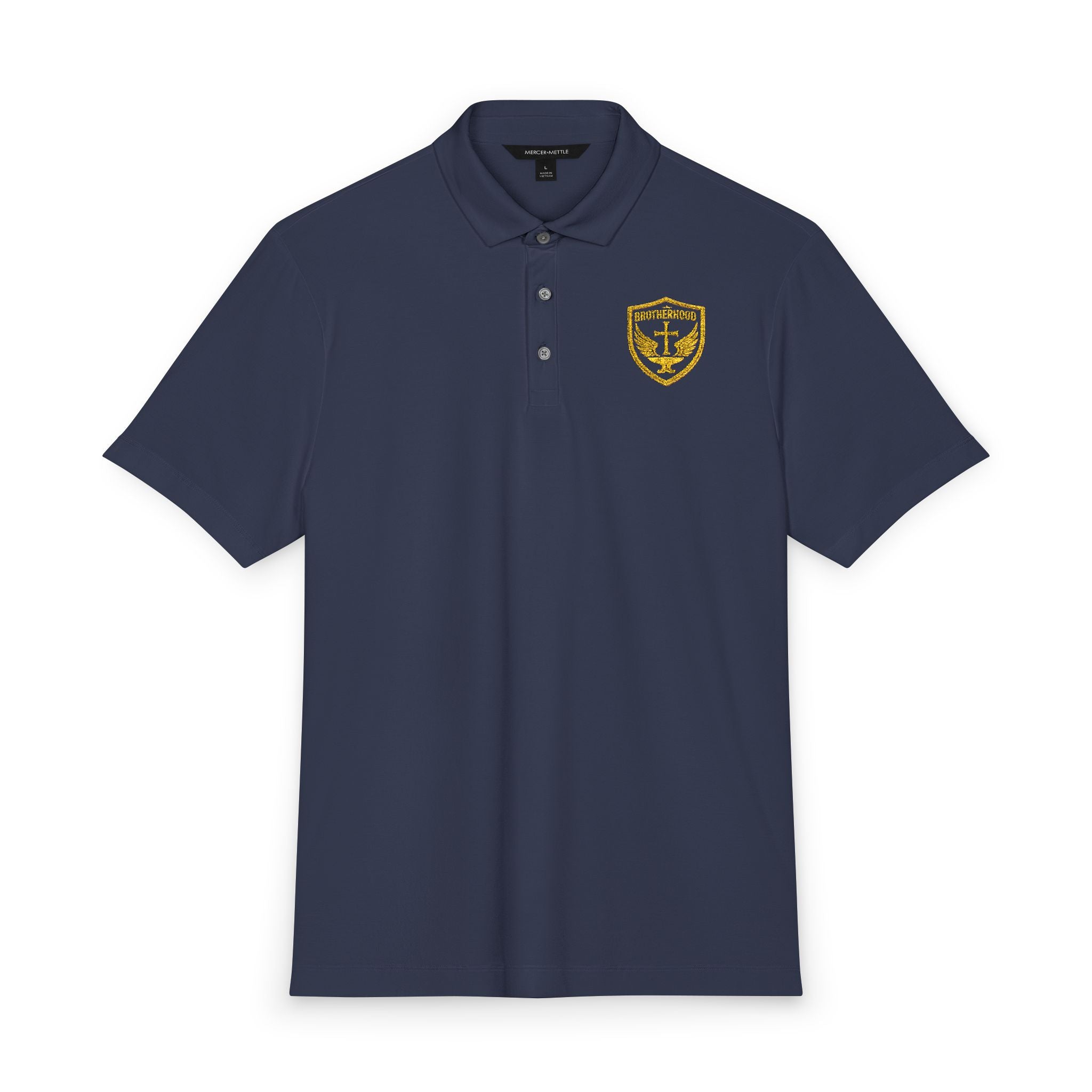 Men's White Polo Shirt with Gold Crest Embroidered Chest — Mercer+Mettle Stretch Jersey