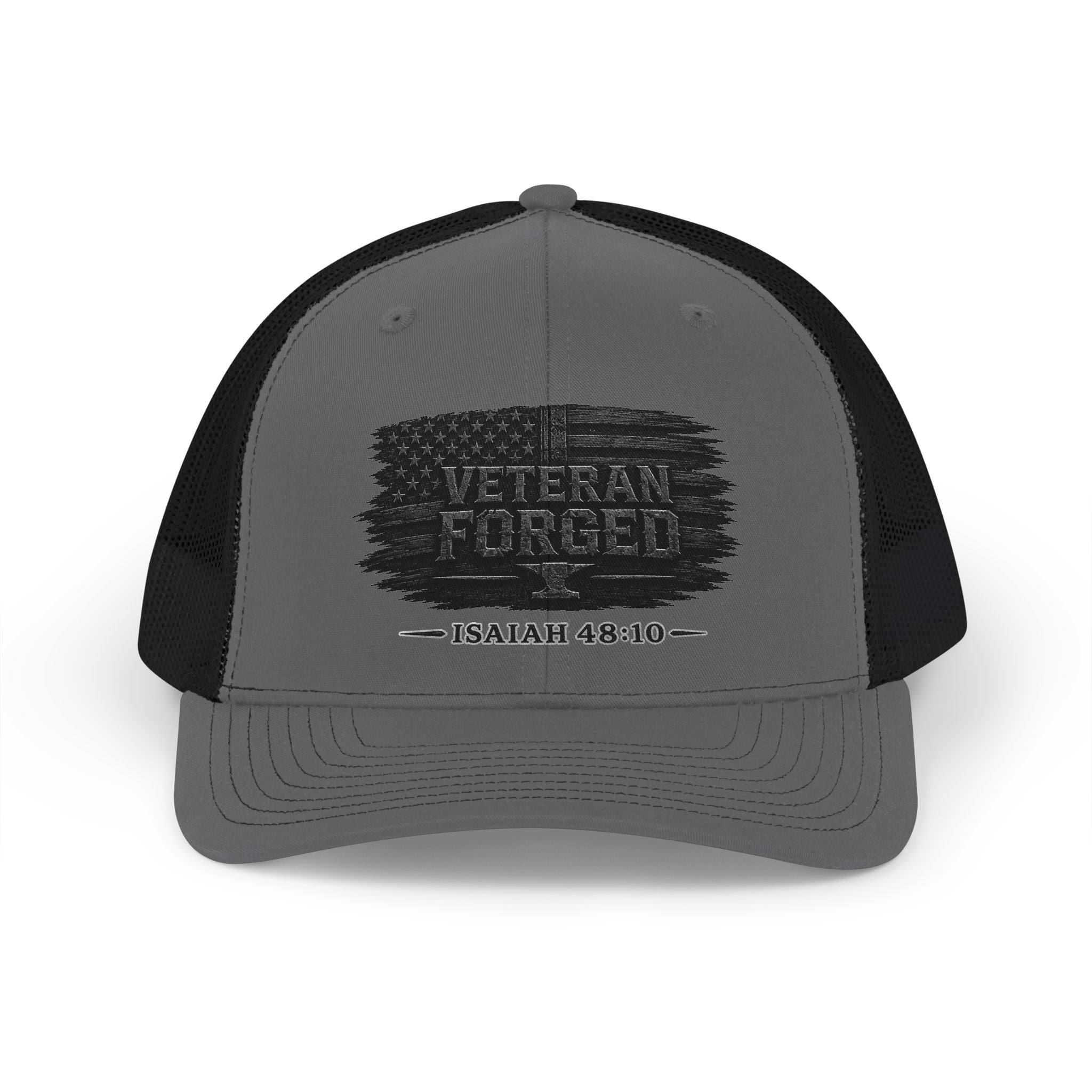 Veteran Forged Trucker Cap — Patriotic American Flag Snapback for Veterans & Military Support