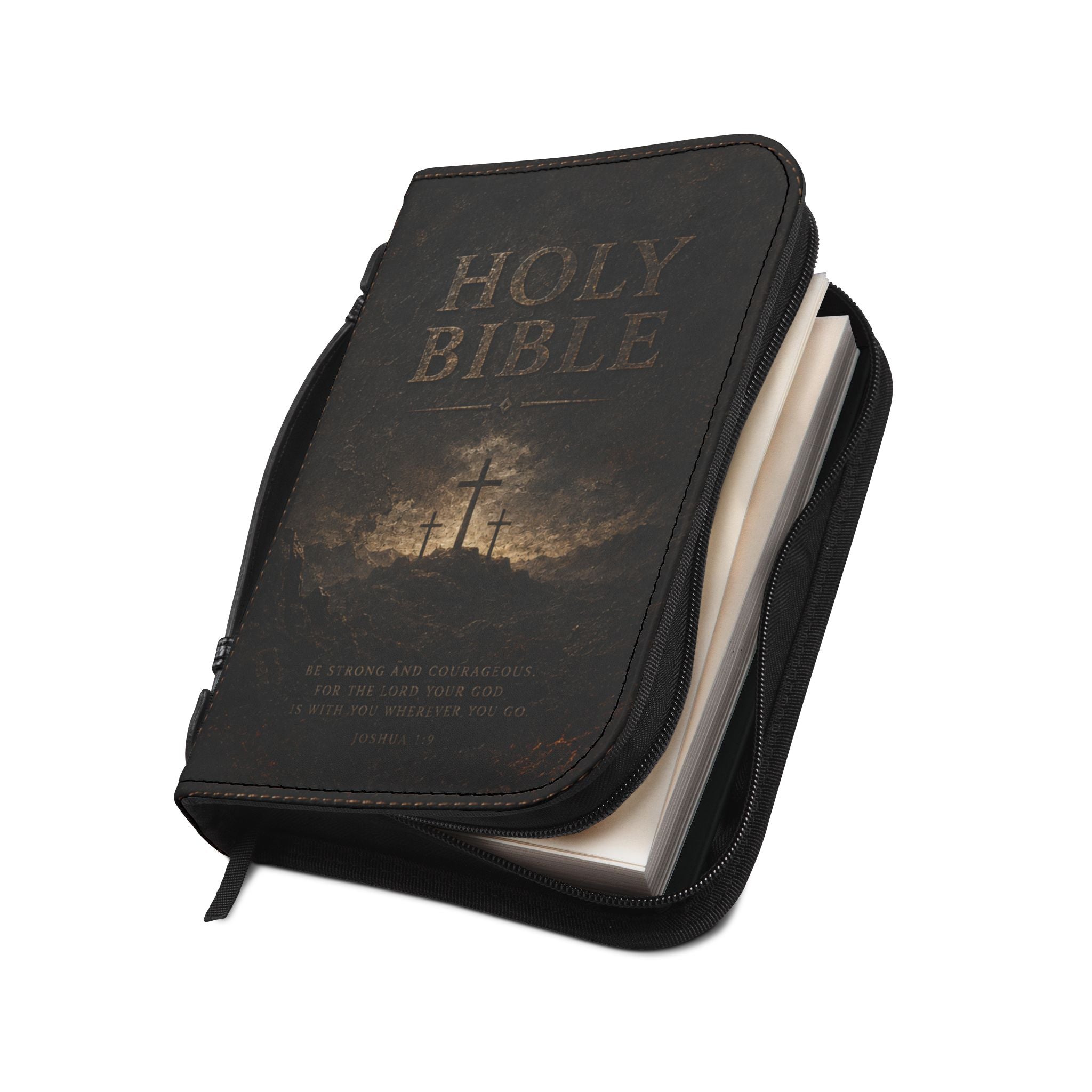 Bible Cover - Holy Bible Leather Zippered Cover with Cross Design (Christian Gift)