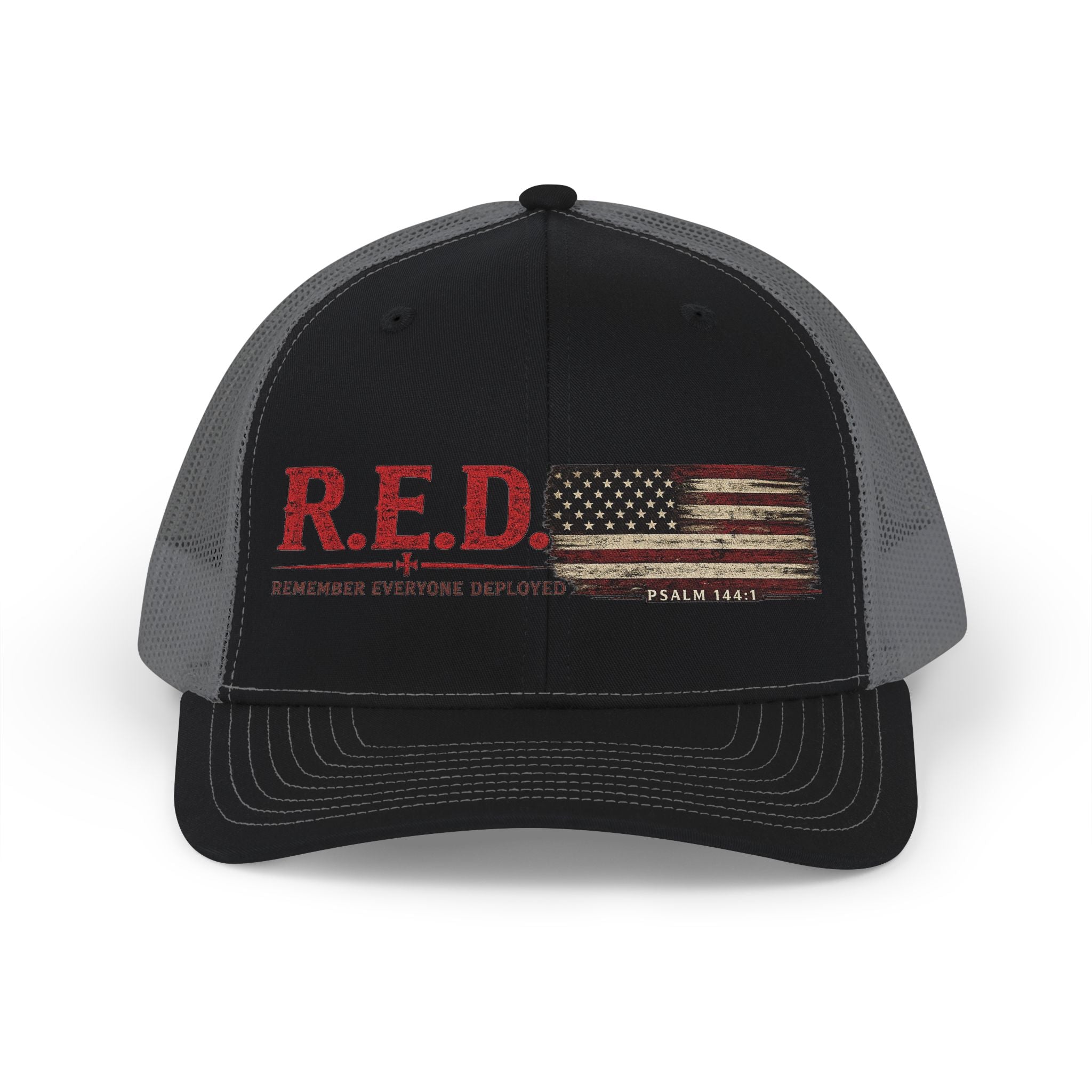 R.E.D. Trucker Hat – "Remember Everyone Deployed" Distressed American Flag Snapback