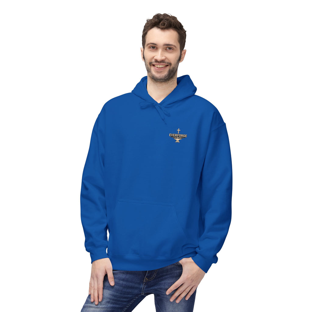 Hoodie — "Forged Through Fire" Cross Graphic Christian Hoodie (Proverbs 27:17)