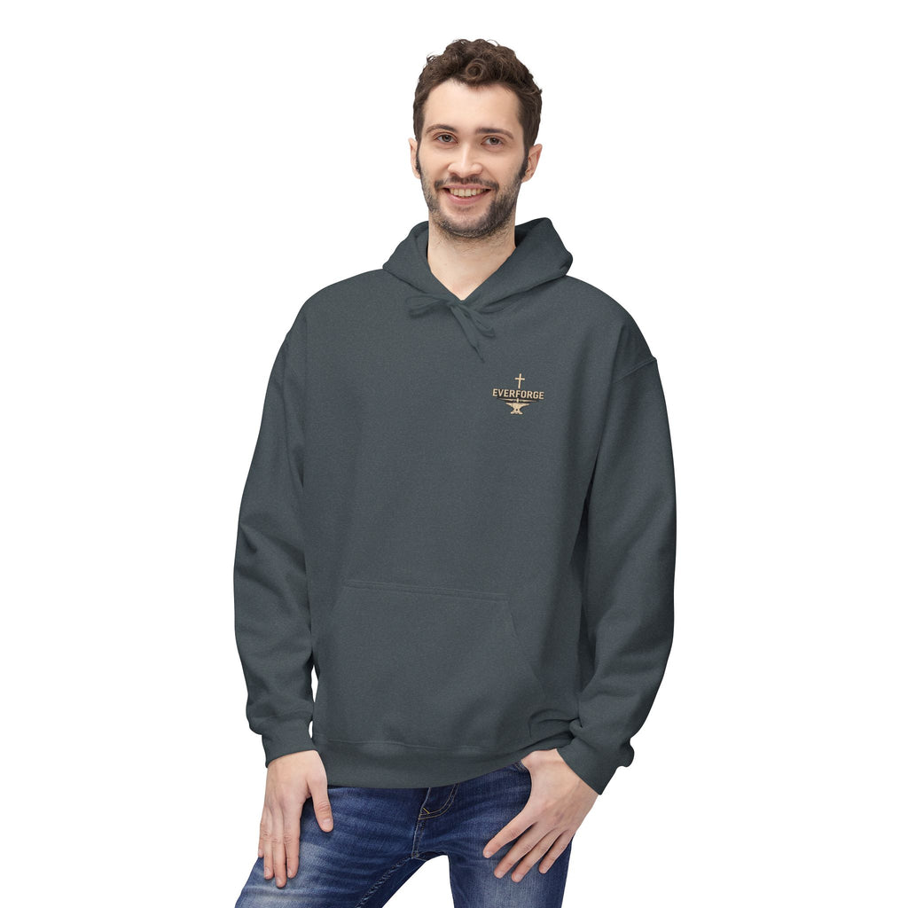 Hoodie — "Forged Through Fire" Cross Graphic Christian Hoodie (Proverbs 27:17)