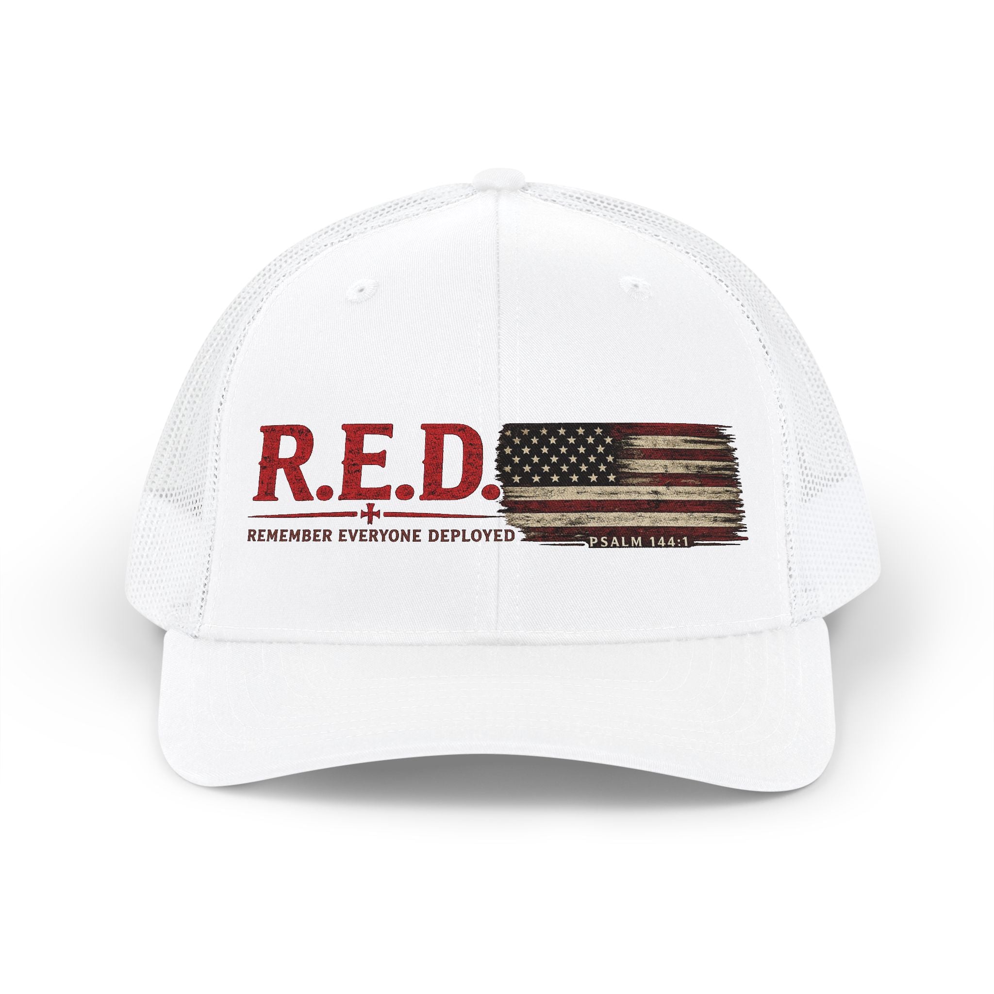 R.E.D. Trucker Hat – "Remember Everyone Deployed" Distressed American Flag Snapback