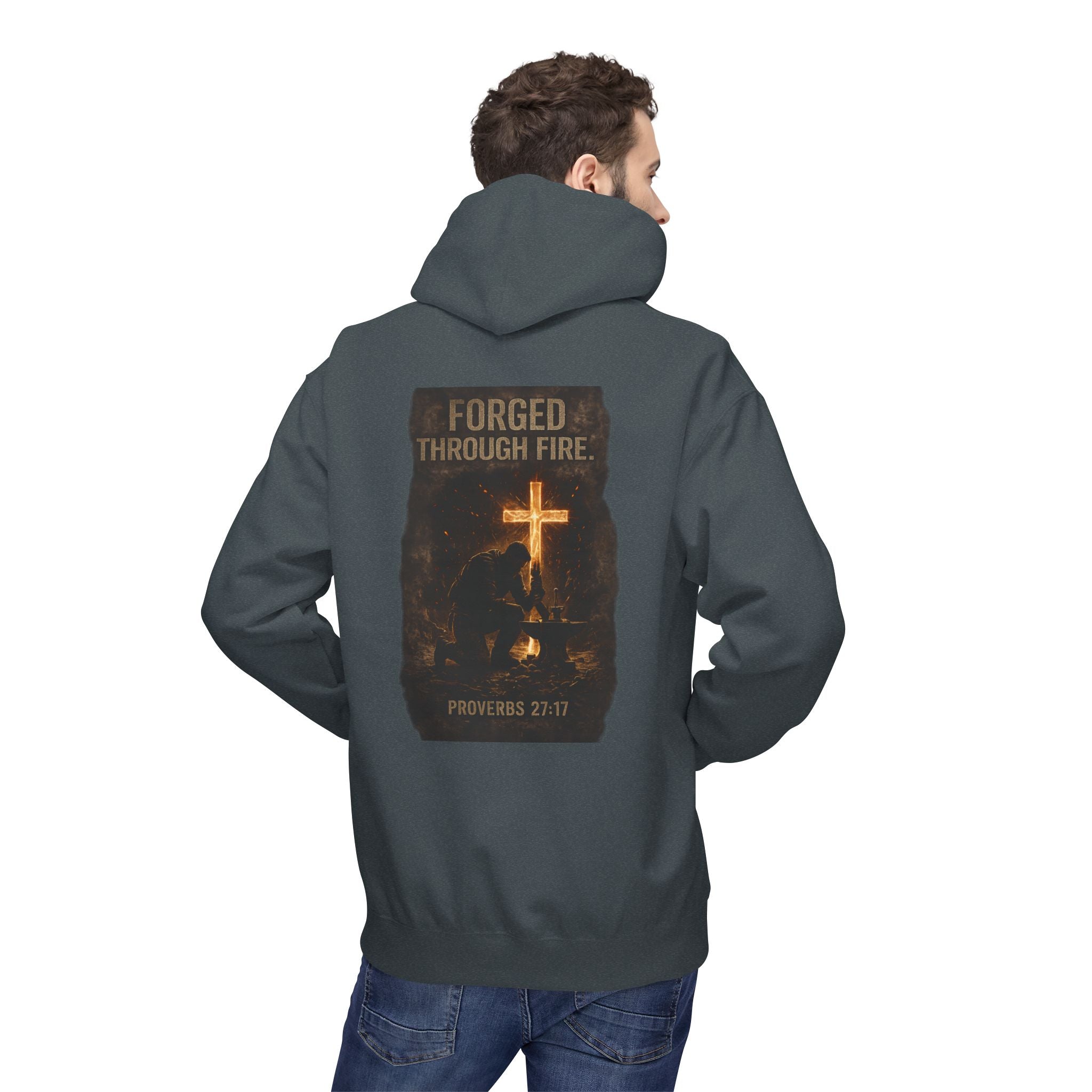 Hoodie — "Forged Through Fire" Cross Graphic Christian Hoodie (Proverbs 27:17)