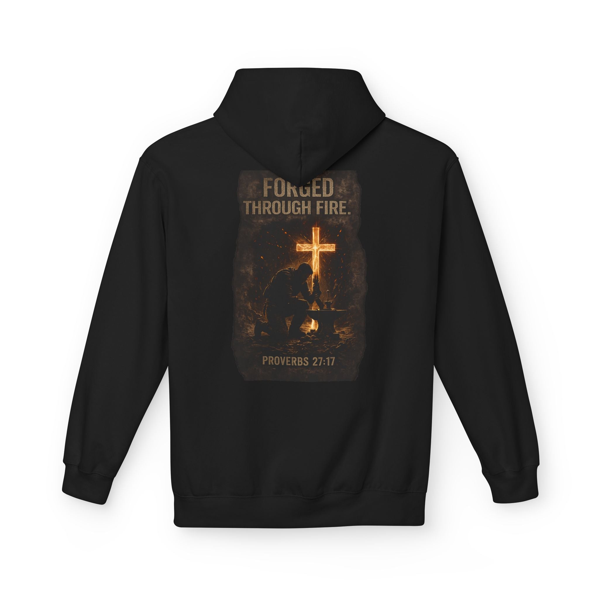 Hoodie — "Forged Through Fire" Cross Graphic Christian Hoodie (Proverbs 27:17)