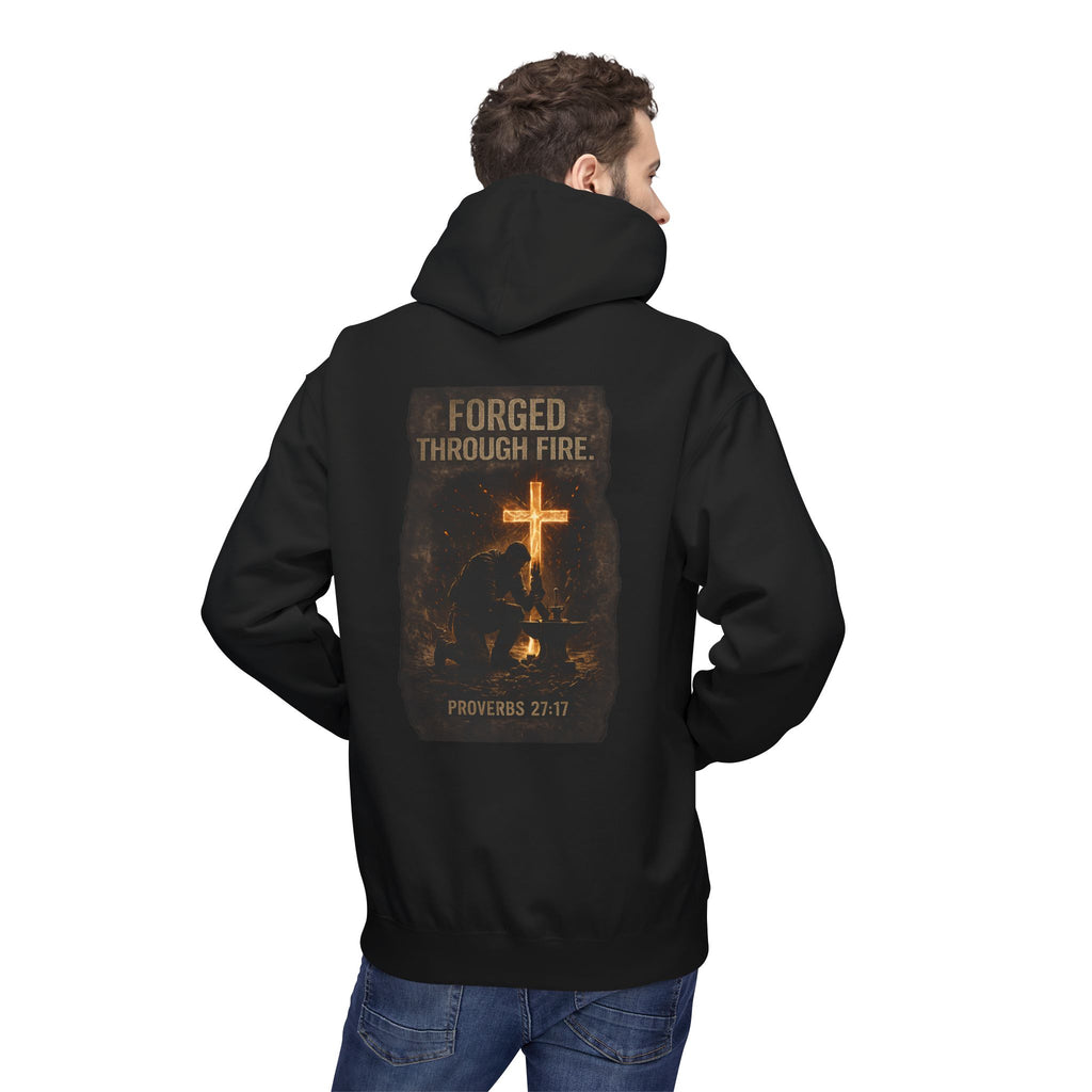 Hoodie — "Forged Through Fire" Cross Graphic Christian Hoodie (Proverbs 27:17)