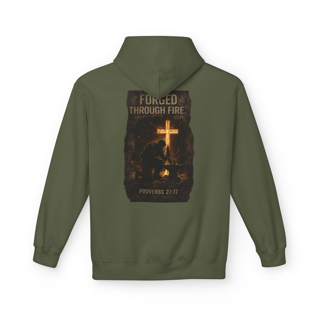 Hoodie — "Forged Through Fire" Cross Graphic Christian Hoodie (Proverbs 27:17)