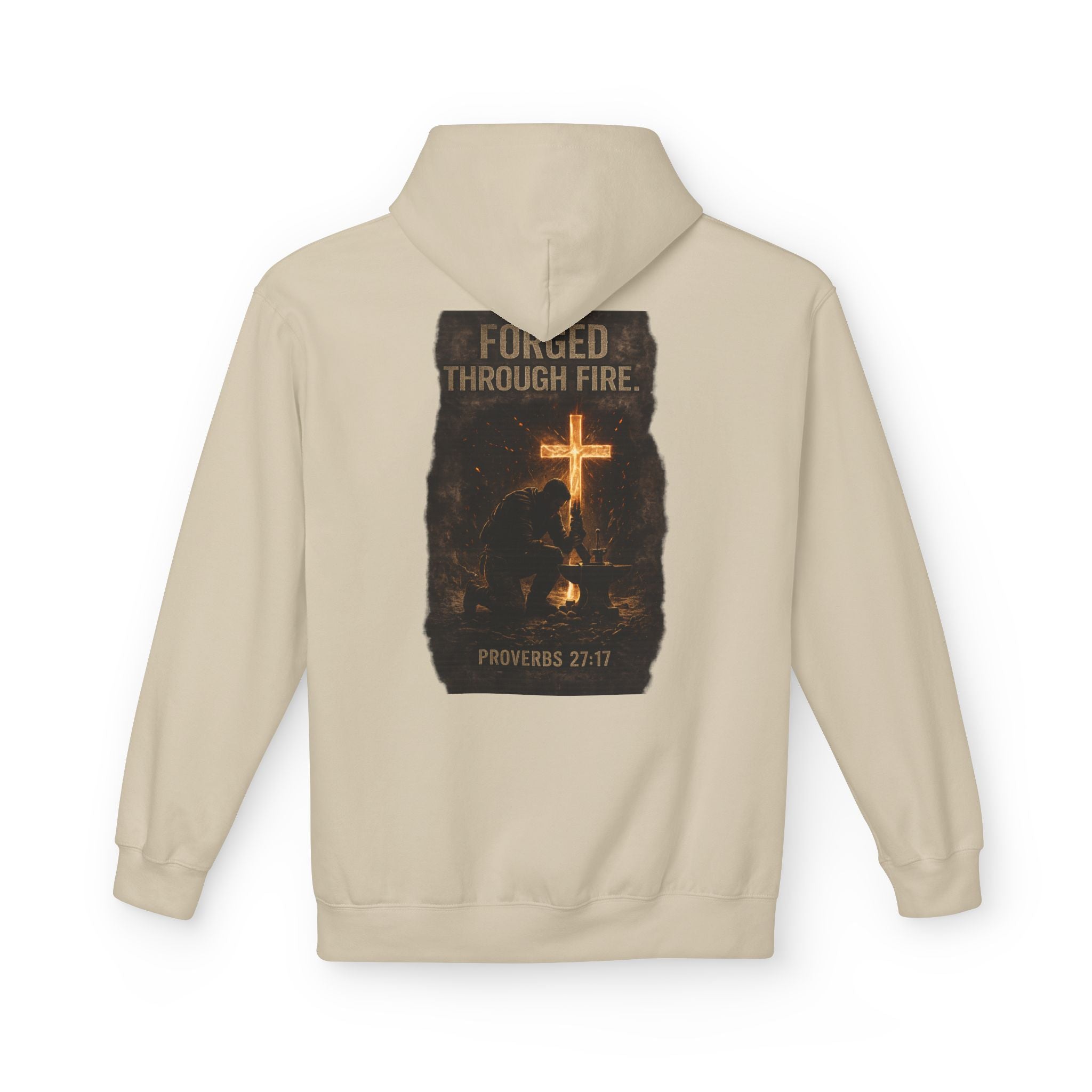 Hoodie — "Forged Through Fire" Cross Graphic Christian Hoodie (Proverbs 27:17)