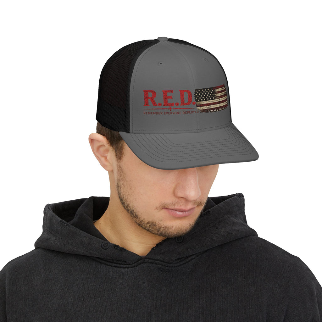 R.E.D. Trucker Hat – "Remember Everyone Deployed" Distressed American Flag Snapback