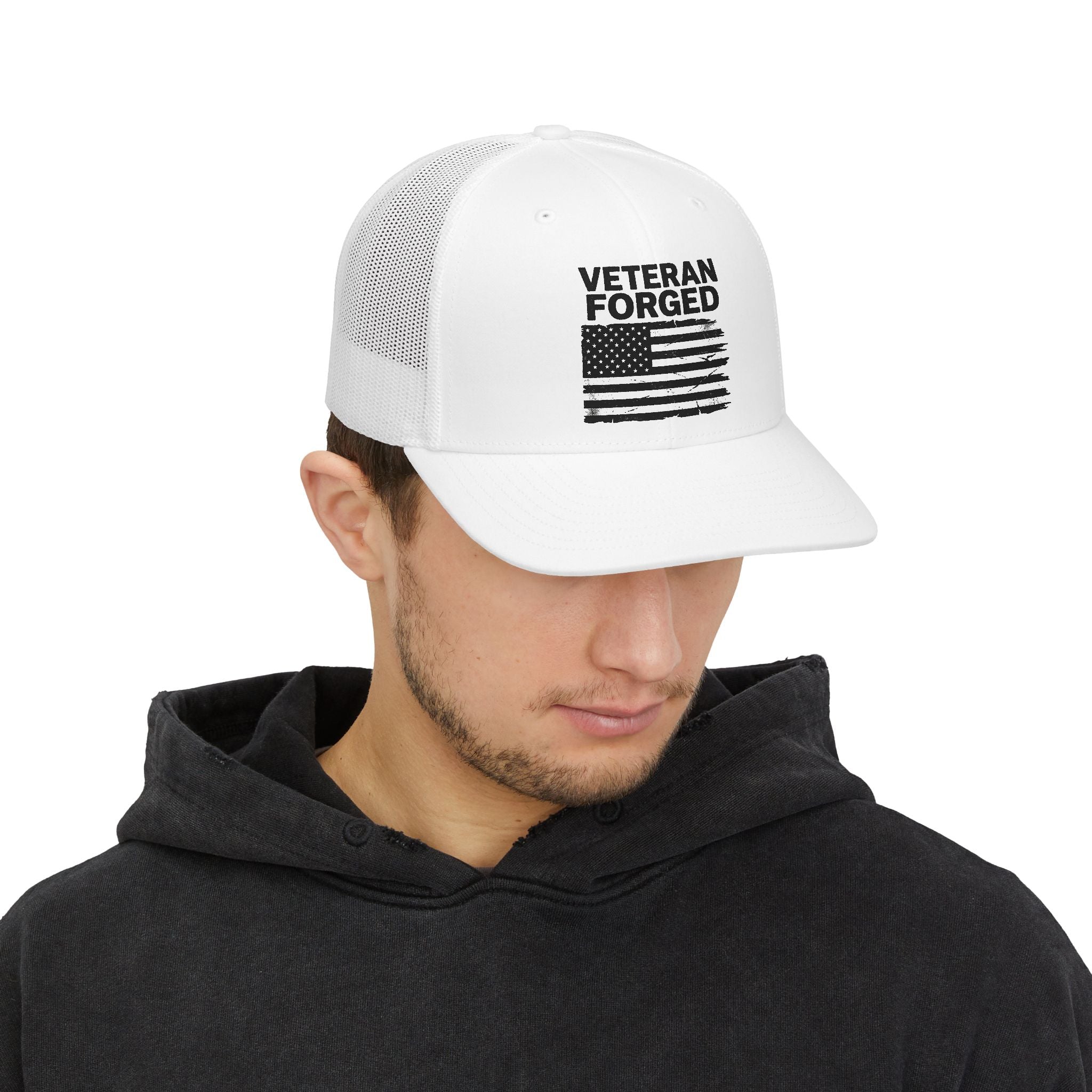 Veteran Forged Trucker Cap — Patriotic American Flag Snapback for Veterans & Military Support