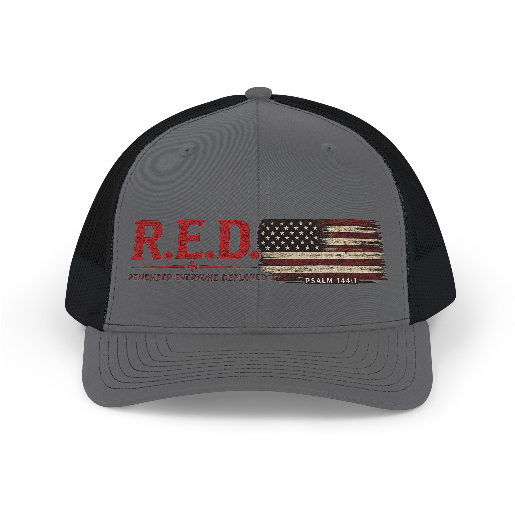 R.E.D. Trucker Hat – "Remember Everyone Deployed" Distressed American Flag Snapback