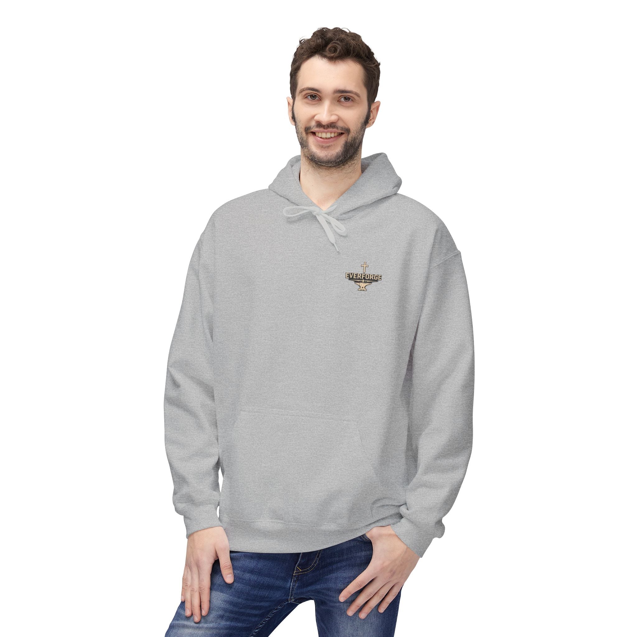 Hoodie — "Forged Through Fire" Cross Graphic Christian Hoodie (Proverbs 27:17)