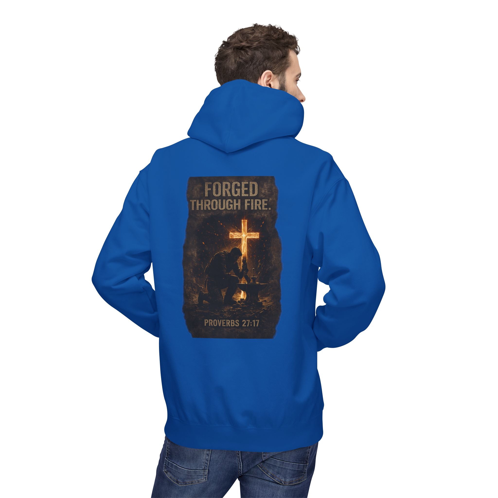 Hoodie — "Forged Through Fire" Cross Graphic Christian Hoodie (Proverbs 27:17)