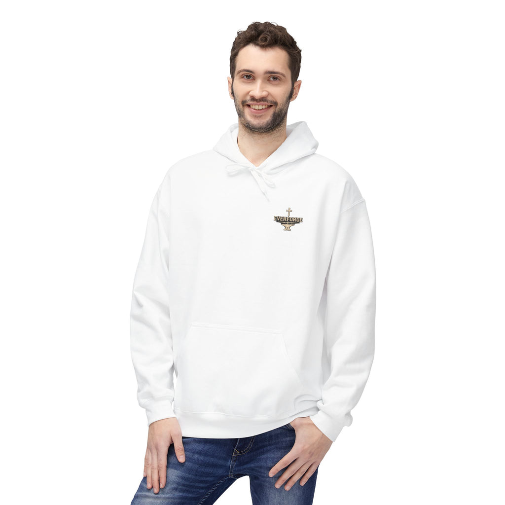 Hoodie — "Forged Through Fire" Cross Graphic Christian Hoodie (Proverbs 27:17)